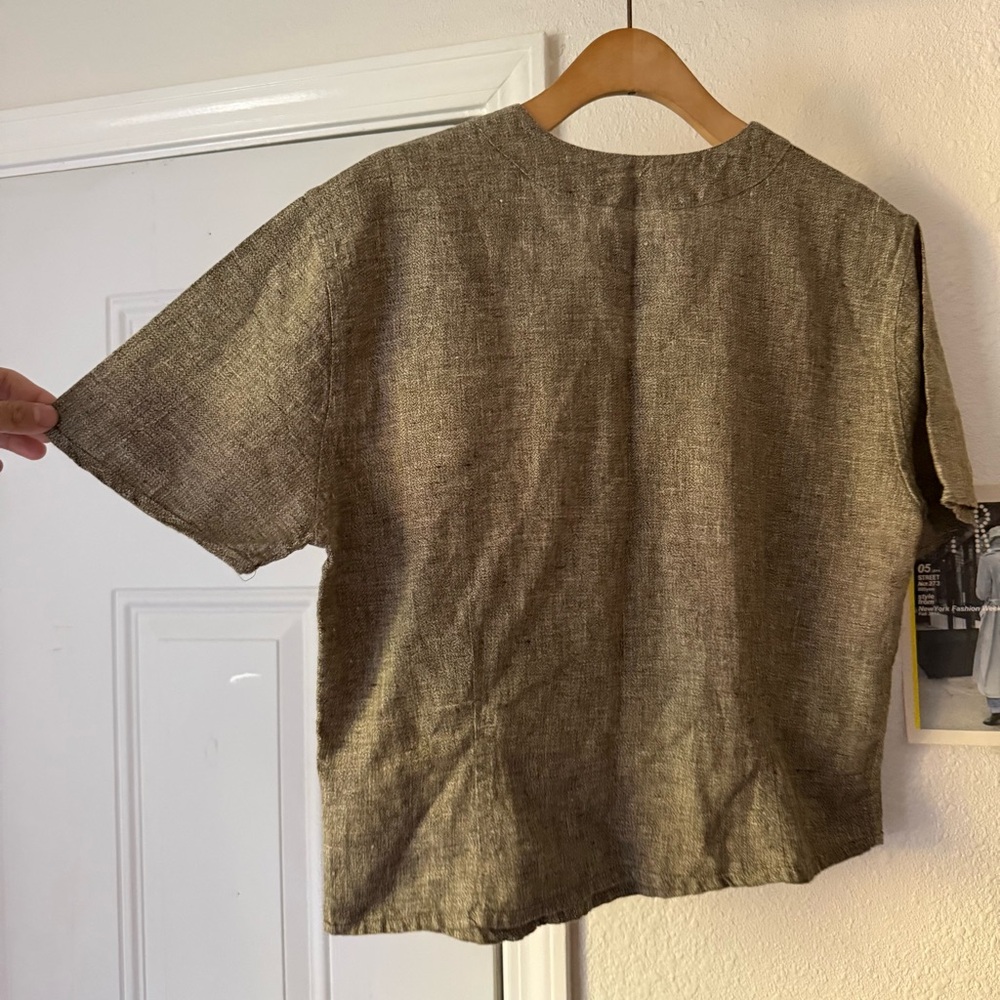 Flax tan beige linen v-neck boxy cropped oversized short sleeve‎ top shirt - Picture 4 of 5